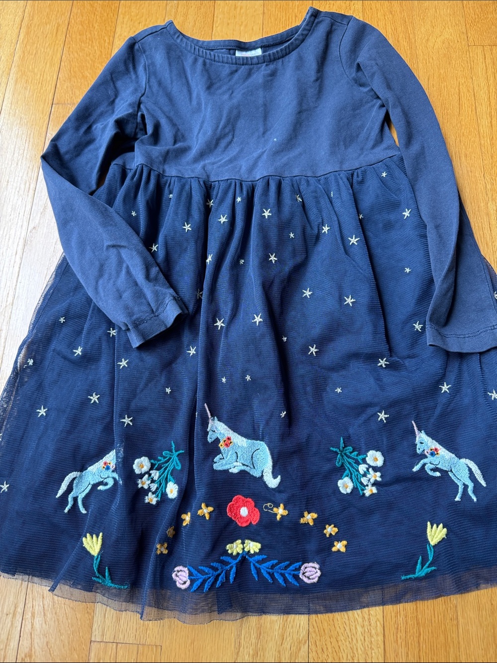 Hanna Andersson Navy Unicorn Embroidered Long-Sleeve Dress